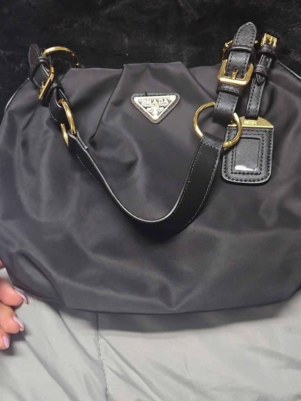 Black Nylon Shoulder Bag with Gold Hardware